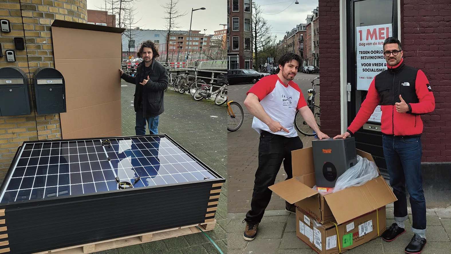 Links: een stapel met 15 zonnepanelen. Rechts: twee mensen poseren trots bij een omvormer.