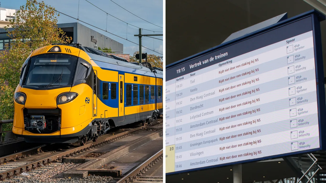 Links een trein, rechts een NS-bord met vertrektijden waarbij overal staat "Rijdt niet door een staking"