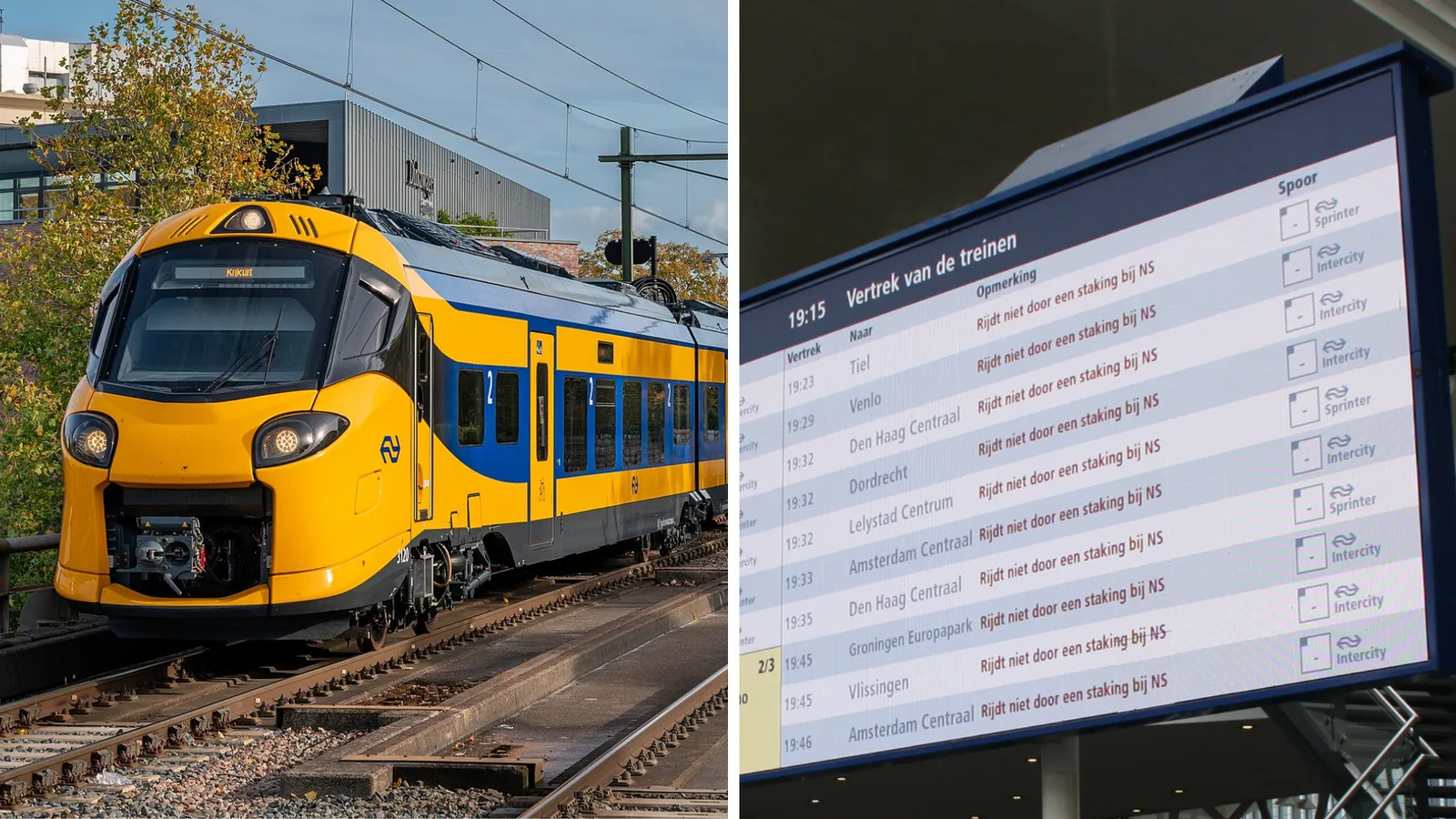 Links een trein, rechts een NS-bord met vertrektijden waarbij overal staat "Rijdt niet door een staking"