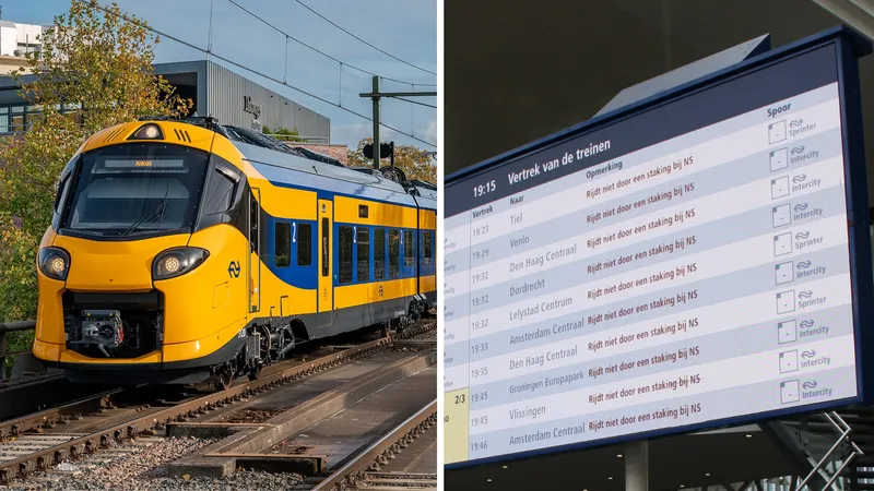 Links een trein, rechts een NS-bord met vertrektijden waarbij overal staat "Rijdt niet door een staking"