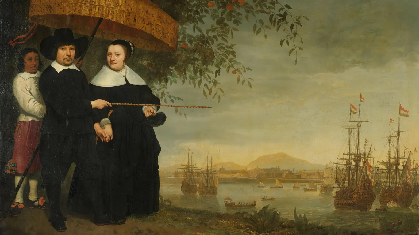 Schilderij van een opperkoopman van de VOC, vermoedelijk Jacob Mathieusen en zijn vrouw; op de achtergrond de retourvloot op de rede van Batavia Rijksmuseum