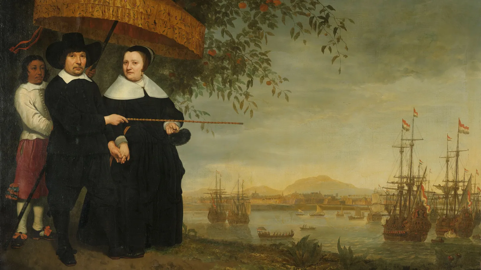 Schilderij van een opperkoopman van de VOC, vermoedelijk Jacob Mathieusen en zijn vrouw; op de achtergrond de retourvloot op de rede van Batavia Rijksmuseum