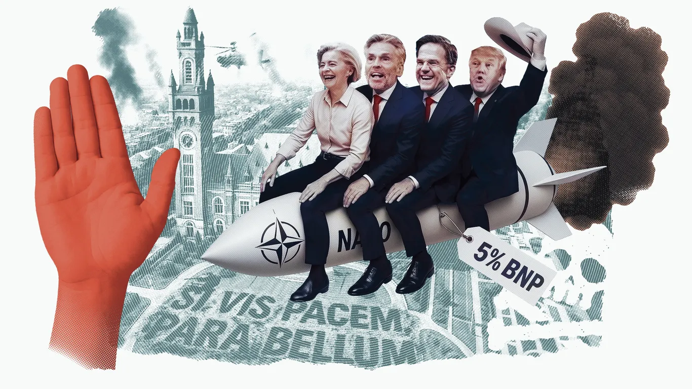 Ursula von der Leyen, Dick Schoof, Mark Rutte en Donald Trump zitten juichend achter elkaar op een raket. Voor de raket een uitgestrekte rode hand, eraan een label met daarop "5% van het BNP"