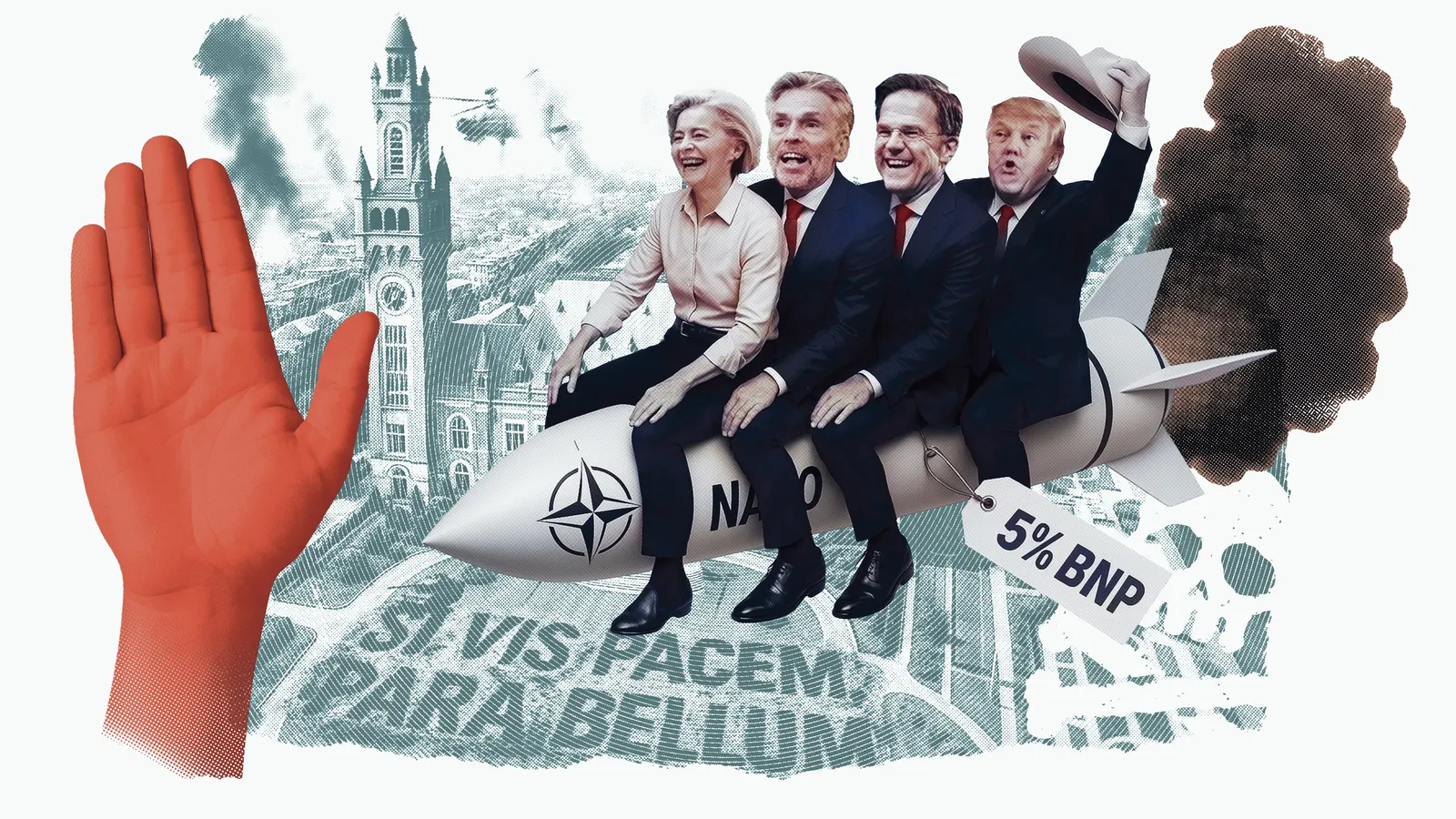 Ursula von der Leyen, Dick Schoof, Mark Rutte en Donald Trump zitten juichend achter elkaar op een raket. Voor de raket een uitgestrekte rode hand, eraan een label met daarop "5% van het BNP"