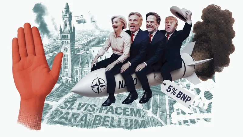 Ursula von der Leyen, Dick Schoof, Mark Rutte en Donald Trump zitten juichend achter elkaar op een raket. Voor de raket een uitgestrekte rode hand, eraan een label met daarop "5% van het BNP"