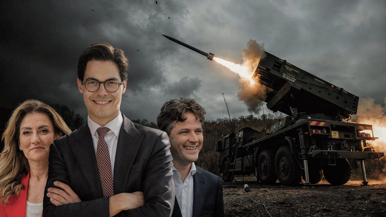 Foto van Rob Jetten, Henri Bontenbal en Dilan Yeşilgöz met op de achtergrond een raketsysteem